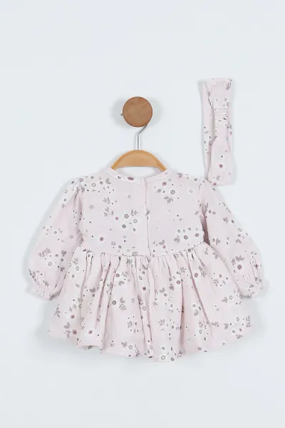 Lila (6-24 Ay) Yaka Fistolu Minik Çiçekli   Bandanalı Müslin Kız Bebek Elbise 340699
