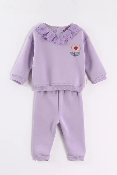 Lila (6-24 Ay) Yakası Güpürlü Papatya Nakışlı çi Şardonlu Kız Bebek Kışlık Takım 497078