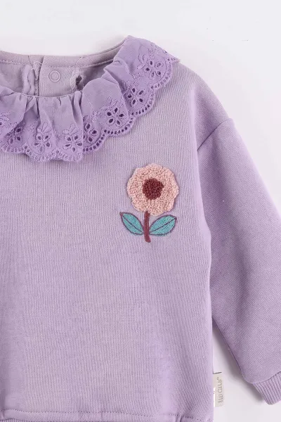 Lila (6-24 Ay) Yakası Güpürlü Papatya Nakışlı çi Şardonlu Kız Bebek Kışlık Takım 497078