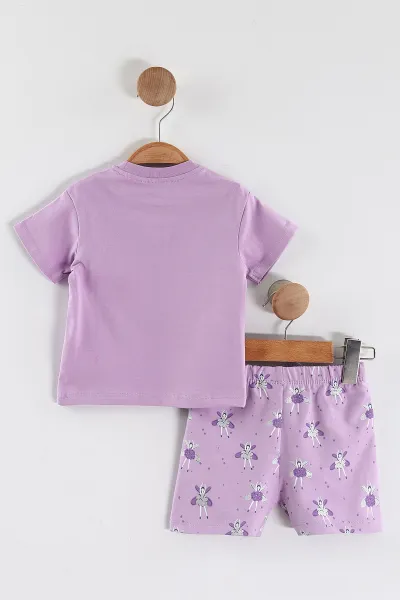 Lila (6-24 Ay)  Yıldız Baskılı Tişörtlü  Şortlu Kız Bebek Yazlık Takım 440293
