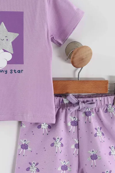 Lila (6-24 Ay)  Yıldız Baskılı Tişörtlü  Şortlu Kız Bebek Yazlık Takım 440293