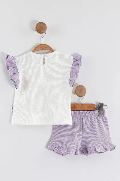Lila (6-24 Ay)Baskılı Koldan Fırfırlı Waffle  Kız Bebek  Yazlık Takım 440527