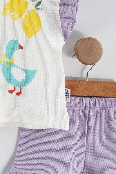Lila (6-24 Ay)Baskılı Koldan Fırfırlı Waffle  Kız Bebek  Yazlık Takım 440527