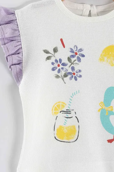 Lila (6-24 Ay)Baskılı Koldan Fırfırlı Waffle  Kız Bebek  Yazlık Takım 440527