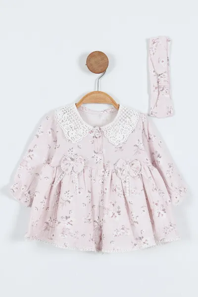 Lila (6-24 Ay)Çiçek Desenli Dantel Yaka Bandanalı Müslin Kız Bebek Elbise 340689