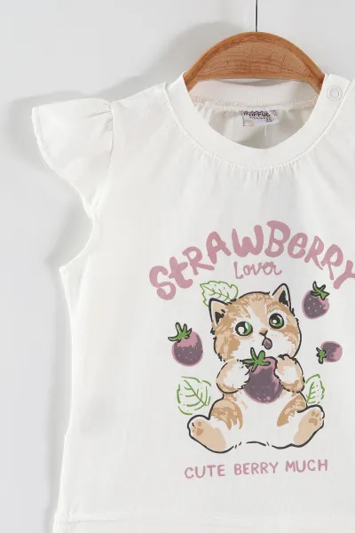 Lila (6-24 Ay)Çilekli Kedi Baskılı  Kol Fırfırlı Kız Bebek Takım 467656