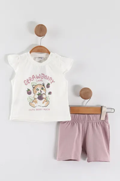 Lila (6-24 Ay)Çilekli Kedi Baskılı  Kol Fırfırlı Kız Bebek Takım 467656