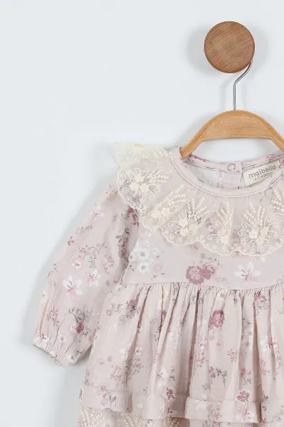 Lila (6-24 Ay)Dantel Yaka Çiçek Desenli  Bandanalı Müslin Kız Bebek Elbise 340695