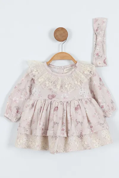 Lila (6-24 Ay)Dantel Yaka Çiçek Desenli  Bandanalı Müslin Kız Bebek Elbise 340695