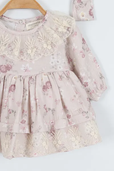 Lila (6-24 Ay)Dantel Yaka Çiçek Desenli  Bandanalı Müslin Kız Bebek Elbise 340695