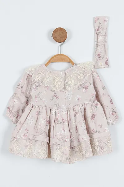 Lila (6-24 Ay)Dantel Yaka Çiçek Desenli  Bandanalı Müslin Kız Bebek Elbise 340695