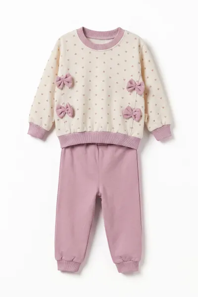 Lila (6-9 Ay) Fiyonklu Kalp Baskılı 2'li Kız Bebek Takım 475981