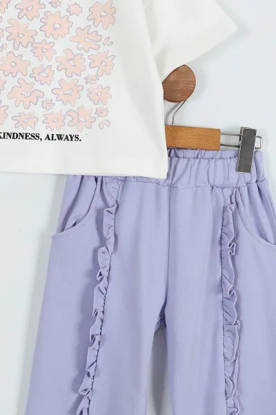 Lila (6-9 Yaş) Desenli Yırtmaçlı Fırfırlı İspanyol Paça Kız Çocuk Takım 275008