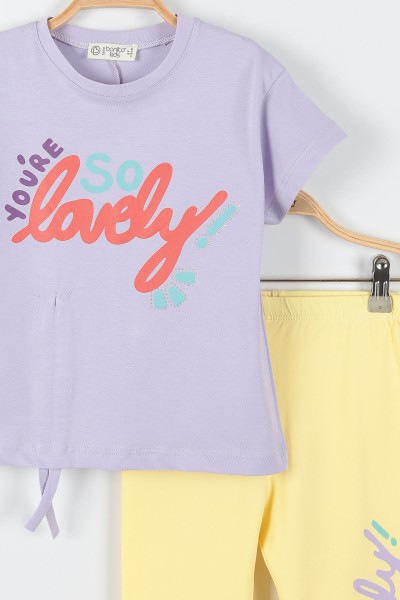 Lila (6-9 Yaş) Lovely Baskılı Önden Büzgülü Kız Çocuk Takım 174607