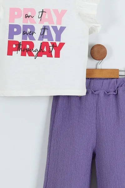 Lila (6-9 Yaş) Pray Baskılı Bürümcük Pantolonlu Kız Çocuk Takım 283728