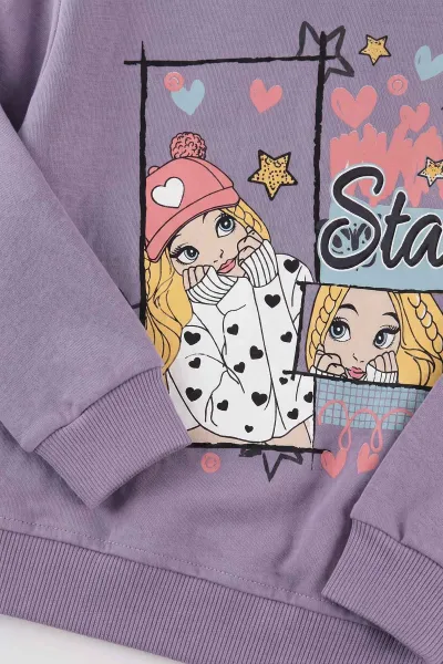 Lila (7-10 Yaş)Star Kız Baskılı  Kız Çocuk Pijama Takımı 477006