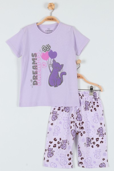 Lila (7-9 Yaş) Kedi Balonlu Baskılı Kaprili KIz Çocuk Pijama Takımı 182012