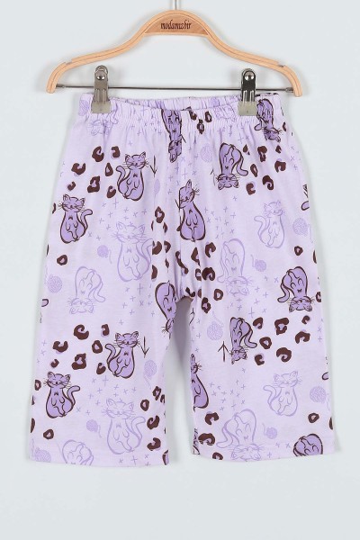 Lila (7-9 Yaş) Kedi Balonlu Baskılı Kaprili KIz Çocuk Pijama Takımı 182012