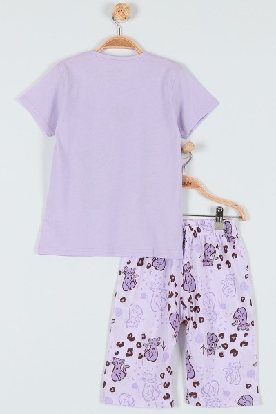Lila (7-9 Yaş) Kedi Balonlu Baskılı Kaprili KIz Çocuk Pijama Takımı 182012