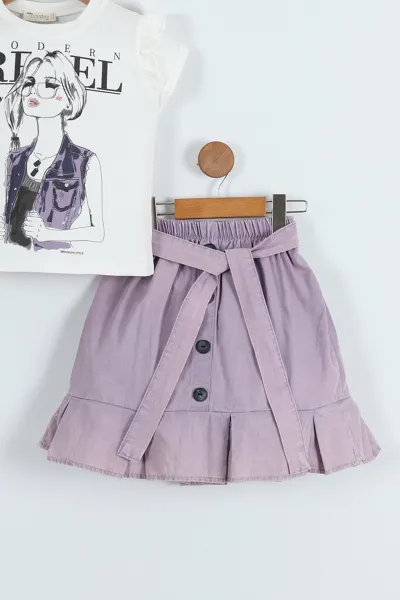 Lila (9-12 Yaş) Baskılı Sülfür Etekli Kız Çocuk Takım 276408