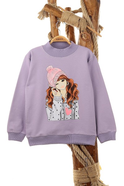 Lila (9-12 Yaş) Küpeli Kız Baskılı  İki İp Şardonlu Kız Çocuk Sweat 149075