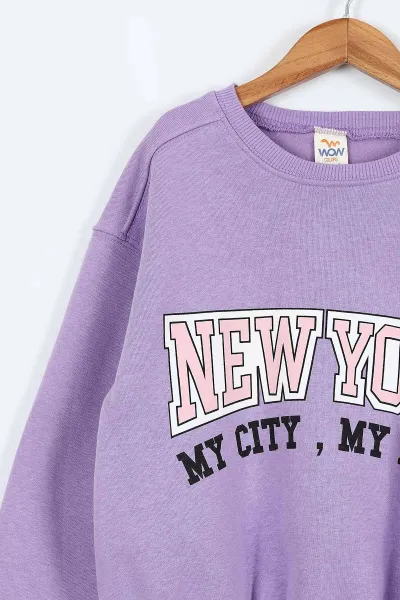 Lila (9-12 Yaş) New York Baskılı  Belden Lastikli 3 İp Şardonlu Kız Çocuk Kışlık Takım 405095