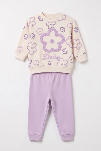 Lila (9-18 Ay)Papatya Süzene Nakışlı Çıtçıtlı Kız Bebek Takım 476279