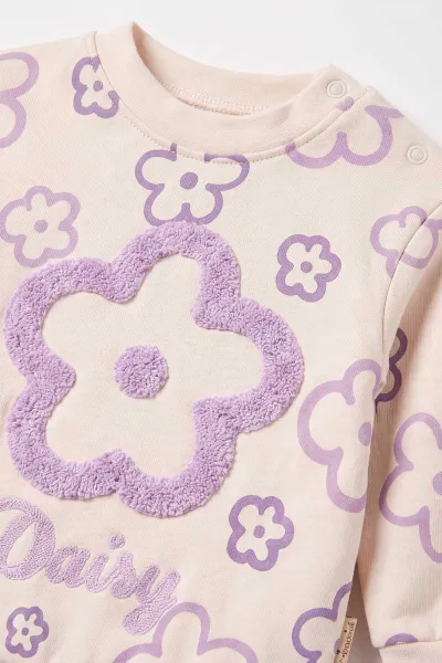 Lila (9-18 Ay)Papatya Süzene Nakışlı Çıtçıtlı Kız Bebek Takım 476279