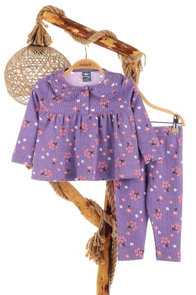 Lila (9-24 Ay) Çiçek Desenli Raporlu İnterlok Kız Çocuk Takım 152046