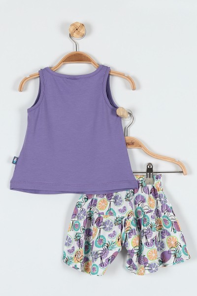 Lila (9-24 Ay) Flamingo Çiçek Baskılı Omuz Fiyonk Detaylı Şortlu Kız Bebe Takım 182602