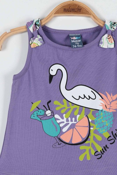Lila (9-24 Ay) Flamingo Çiçek Baskılı Omuz Fiyonk Detaylı Şortlu Kız Bebe Takım 182602