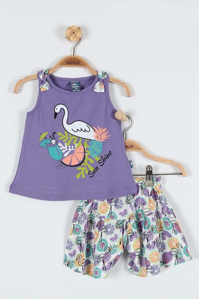 Lila (9-24 Ay) Flamingo Çiçek Baskılı Omuz Fiyonk Detaylı Şortlu Kız Bebe Takım 182602