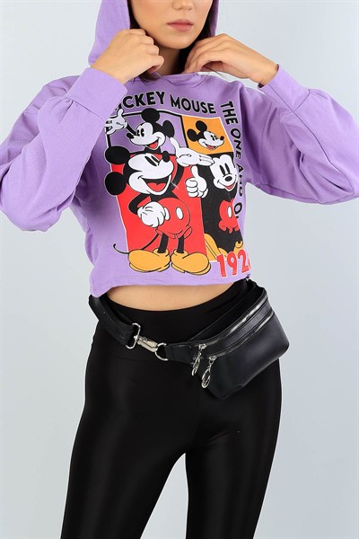 Lila Baskılı Bayan Crop Sweat 38973