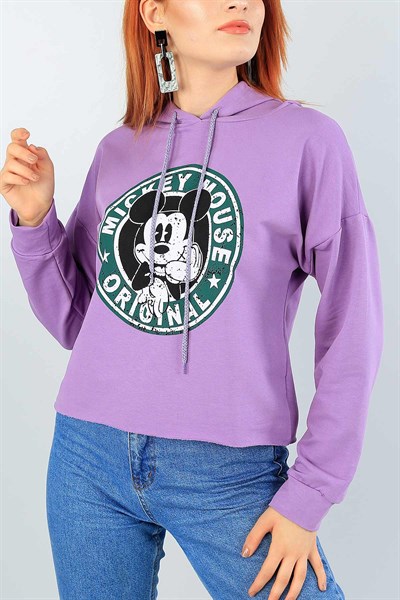 Lila Baskılı Bayan Kapüşonlu Sweat 39838