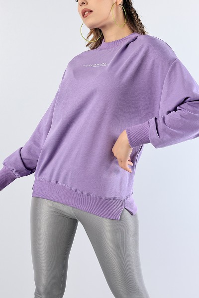 Lila Baskılı Ribana Yaka Bayan Sweat 81200