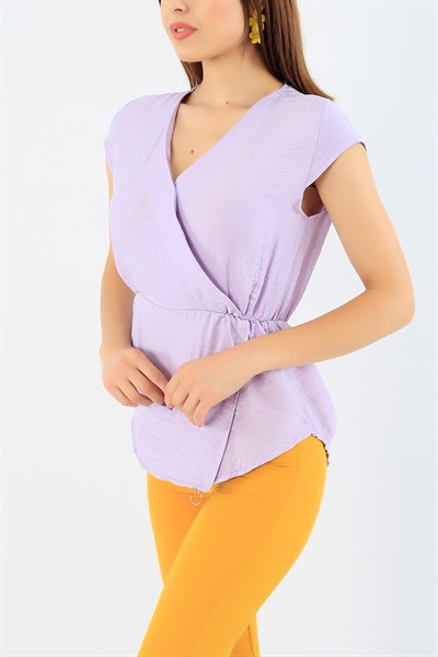 Lila Beli Lastikli Keten Bluz 35093