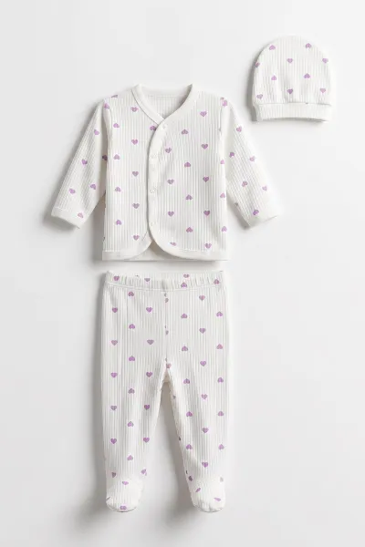 Lila Beyaz (0-3 Ay) Küçük Kalp Desenli Patikli Raporlu Kız Bebek 3'lü Zıbın Takım 477288