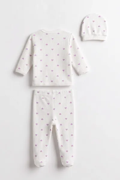 Lila Beyaz (0-3 Ay) Küçük Kalp Desenli Patikli Raporlu Kız Bebek 3'lü Zıbın Takım 477288