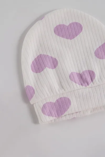 Lila Beyaz (0-3 Ay) Raporlu Kalp Desenli Şapkalı Kız Bebek 3'lü Zıbın Takım 477293