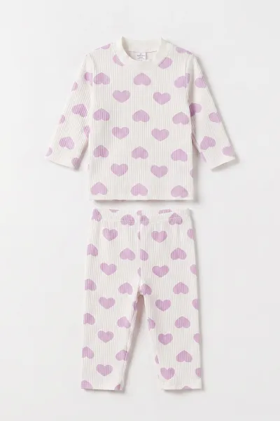 Lila Beyaz   (1-3 Yaş) Kalp Desenli  Raporlu Kız Çocuk Pijama Takım 477352