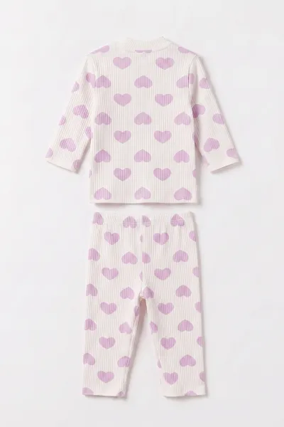 Lila Beyaz   (1-3 Yaş) Kalp Desenli  Raporlu Kız Çocuk Pijama Takım 477352