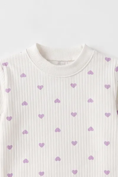 Lila Beyaz   (1-3 Yaş) Küçük Kalp Desenli  Raporlu Kız Çocuk Pijama Takım 477356
