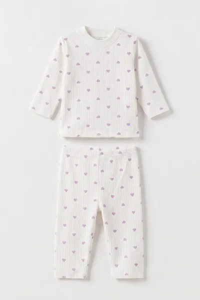 Lila Beyaz   (1-3 Yaş) Küçük Kalp Desenli  Raporlu Kız Çocuk Pijama Takım 477356