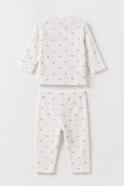 Lila Beyaz   (1-3 Yaş) Küçük Kalp Desenli  Raporlu Kız Çocuk Pijama Takım 477356