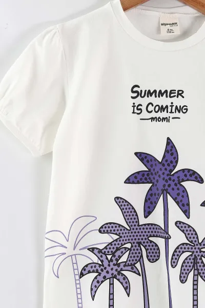 Lila Beyaz (1-9 Yaş) Palmiye Baskılı Tişörtlü ve Şort Etekli Süprem Kız Çocuk Yazlık Takım 456405