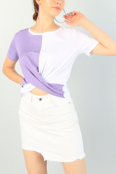 Lila Beyaz Çarpaz Tasarım Bluz 72246