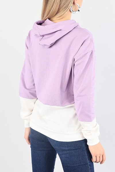 Lila Beyaz Kapüşonlu İçi Şardonlu Sweat 87762