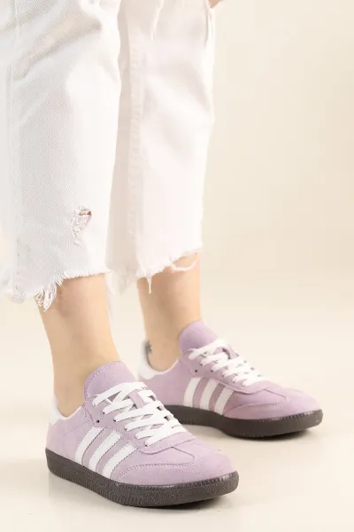 Lila Beyaz Süet Çizgili Bağcıklı Spor Ayakkabı 264005