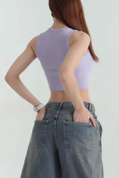 Lila Bisiklet Yaka Kadın Crop Atlet 364676