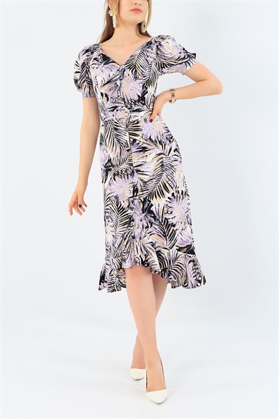 Lila Boydan Düğmeli Eteği Fırfırlı Elbise 36001